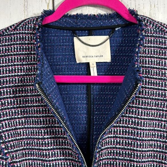 Rebecca Taylor Tweed Moto Jacket Navy Pink Zip Front Blazer Size 2 Preppy Office - Picture 4 of 16
